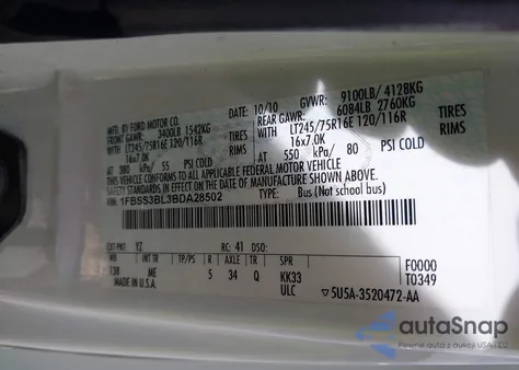 2011 Ford E-350 Super Duty Xlt z USA, uszkodzony, nr VIN 1FBSS3BL3BDA28502